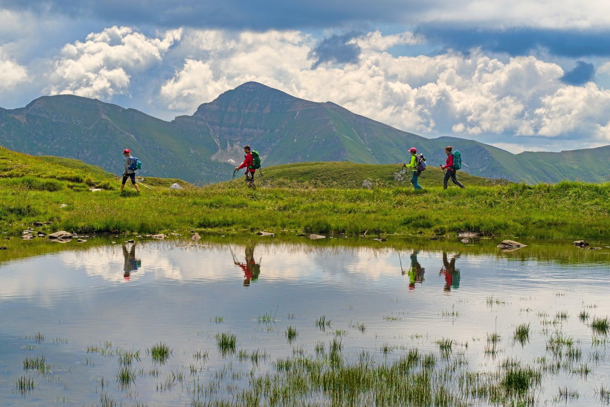 group hiking in summertime
