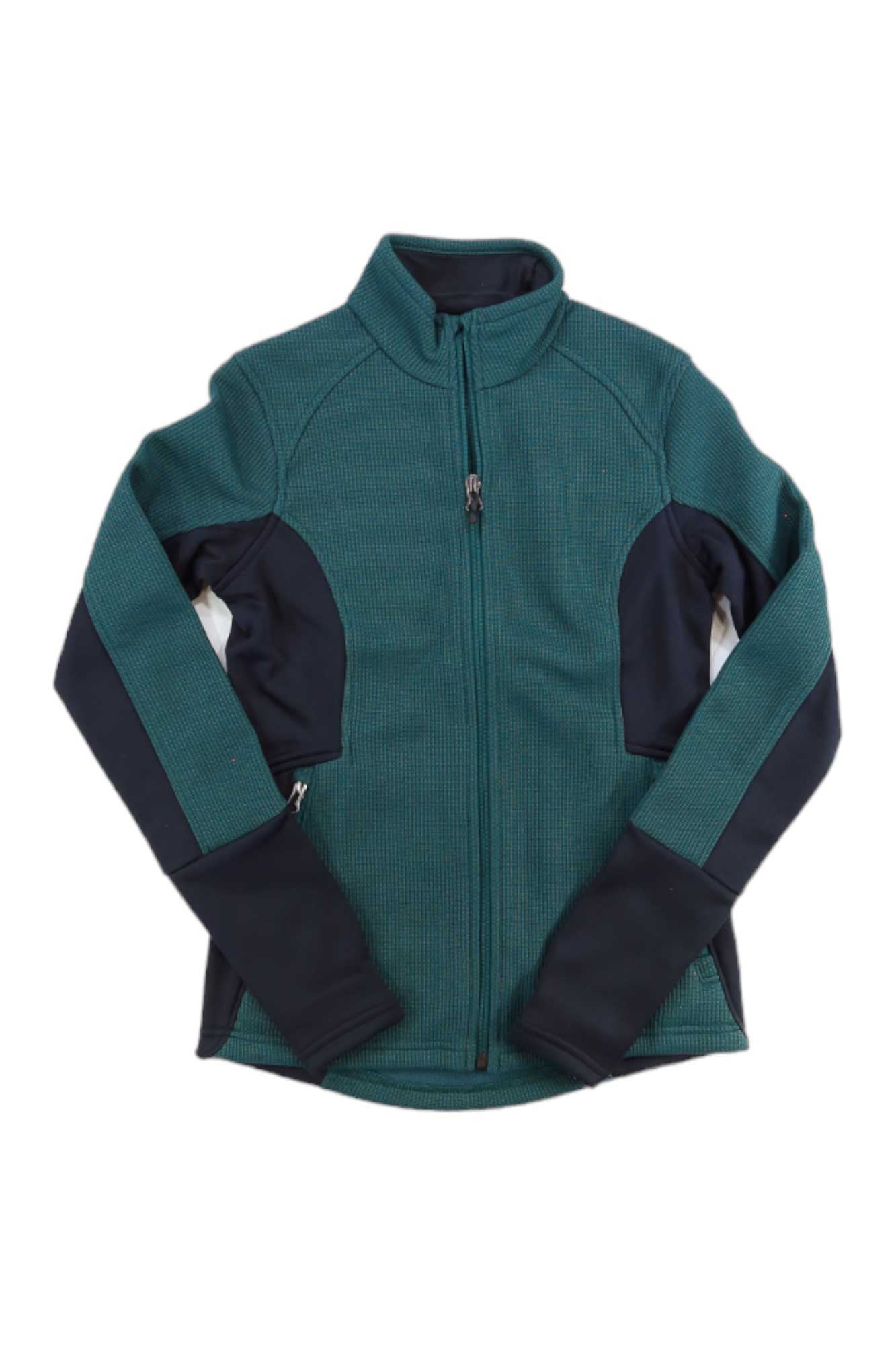 The Spyder Women's Bandita Jacket is a teal stretch fleece with black sleeves and side panels, high collar, zippered pockets, textured fabric, and a fitted design—ideal for snowsports.