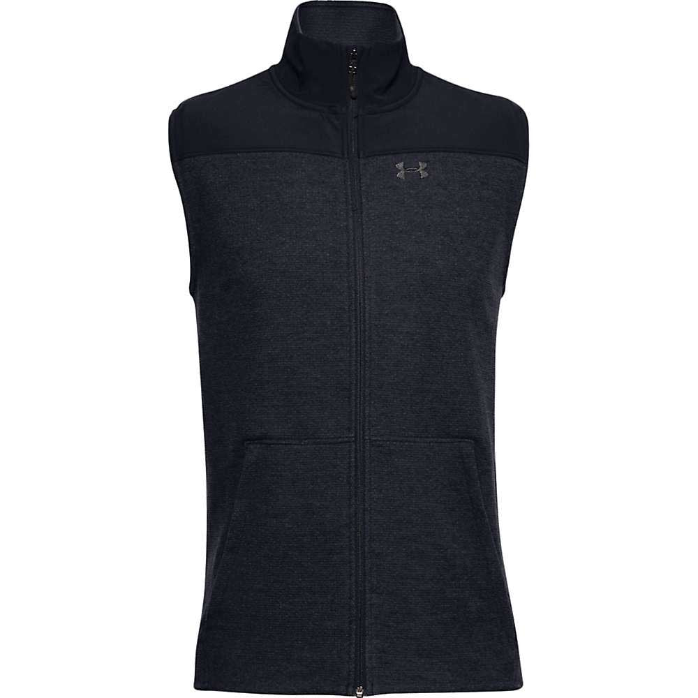 The Under Armour Men's UA Specialist Grid Vest is a sleeveless, dark gray vest with a high collar, two front pockets, and a small logo on the left chest—weather resistant and ideal for layering in any season.