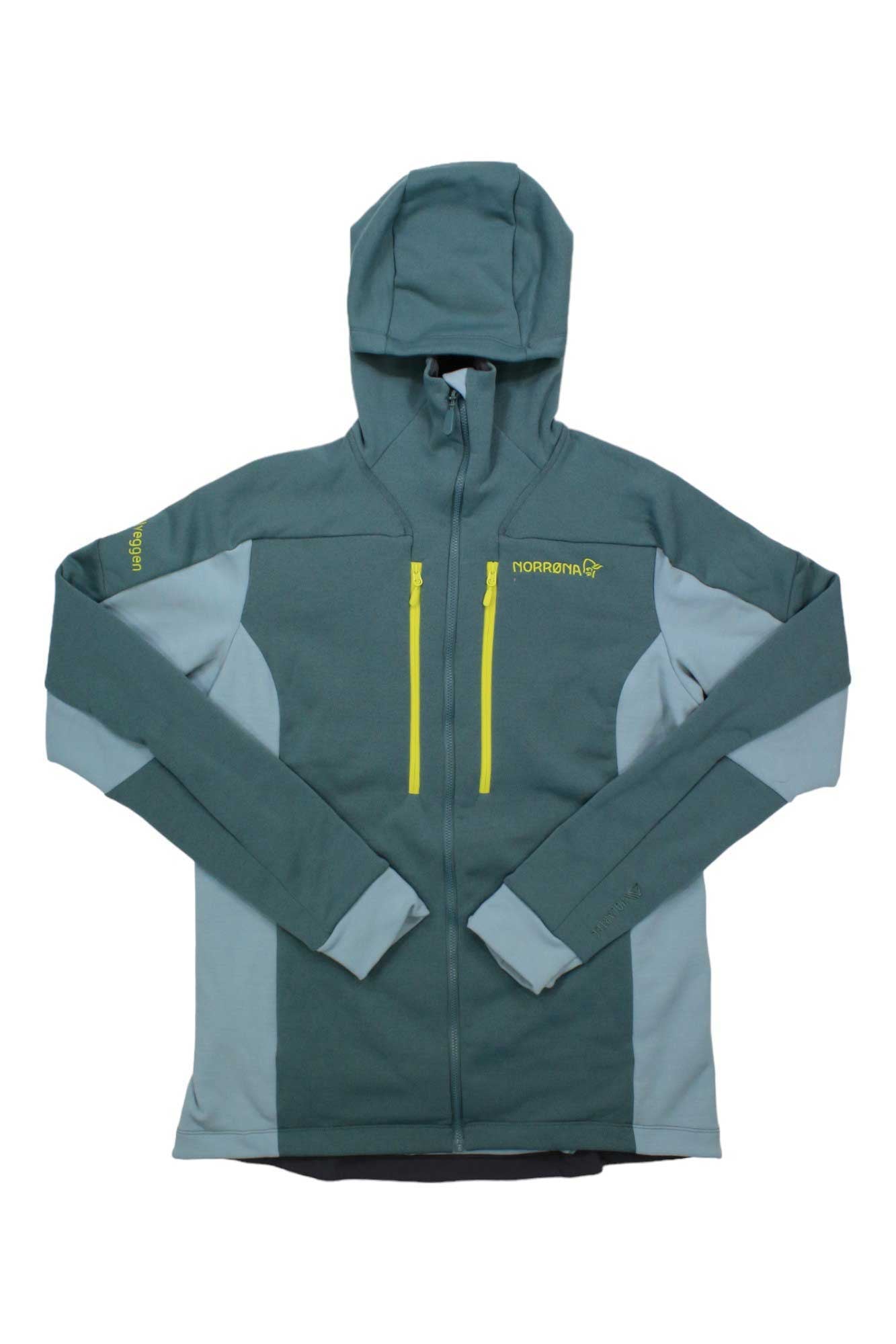 Women’s zip-up hoodie with adjustable hood, gray-teal body with light panels and neon cord.