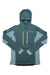 Women’s zip-up hoodie with adjustable hood, gray-teal body with light panels and neon cord.