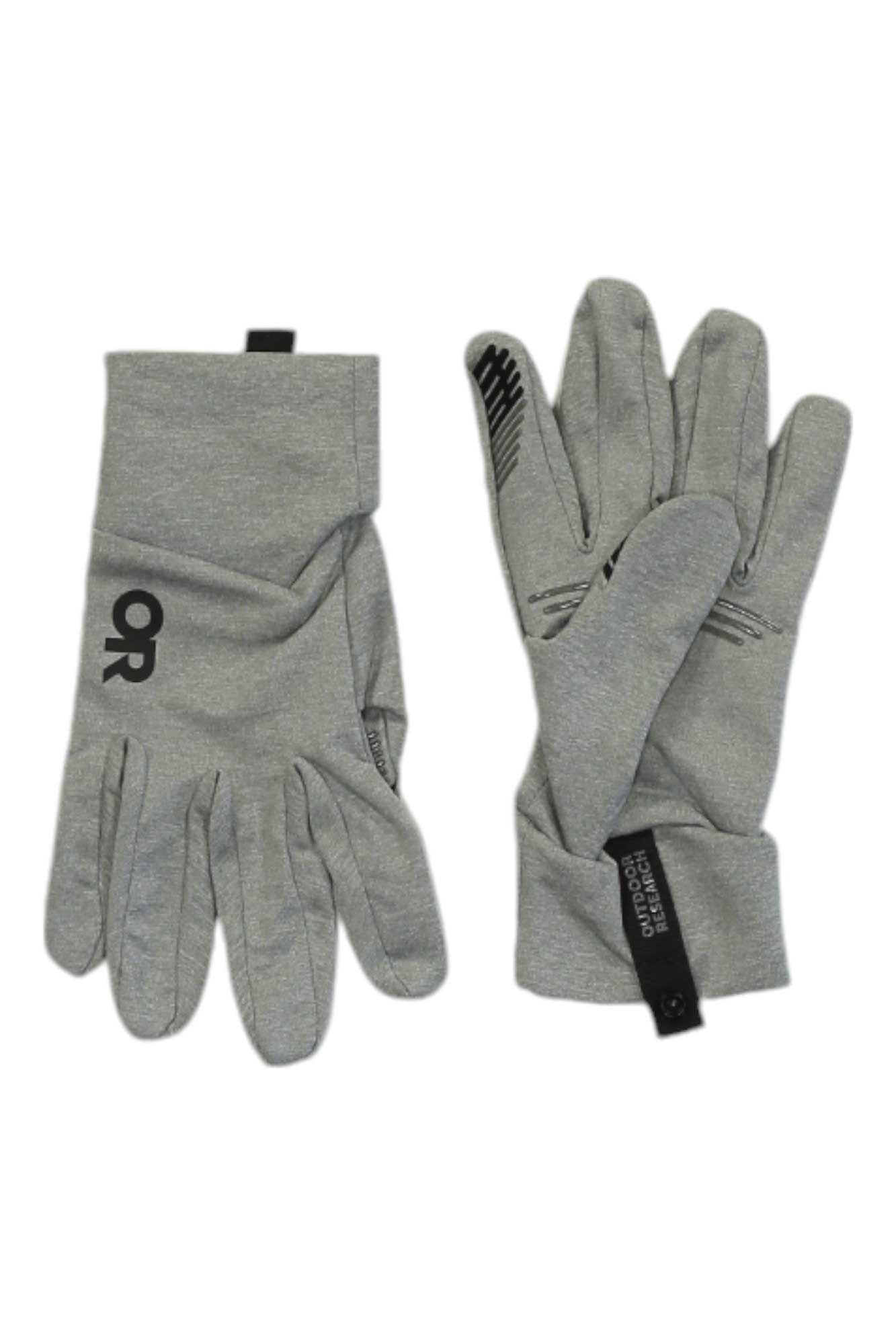 The Outdoor Research Womens Vigor Lightweight Sensor Glove is a light gray pair with black branding and palm grip patterns, shown on a white background. These lightweight outdoor gloves are touchscreen compatible for on-the-go use.