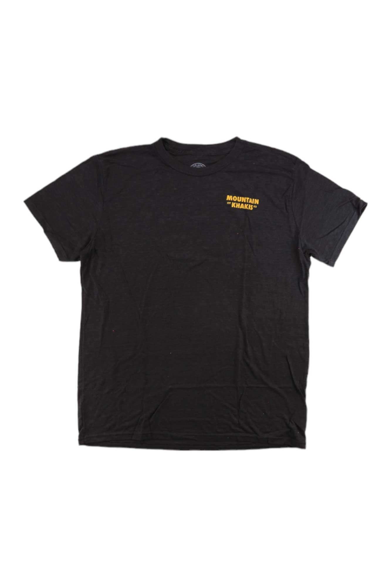 Men's black Mountain Khakis crew-neck T-shirt with small bison patch logo on chest