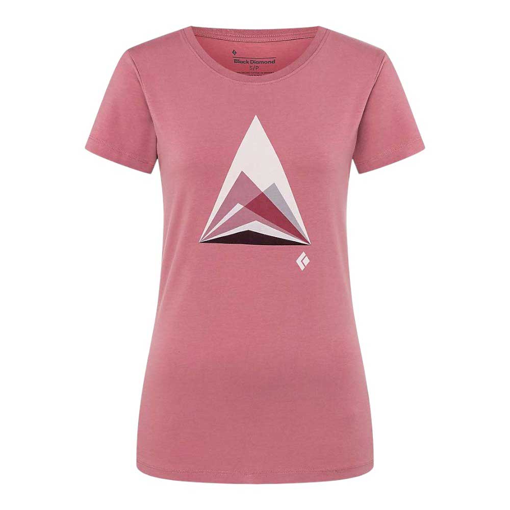 The Black Diamond Womens Mountain Transparency Tee is a pink short-sleeve shirt with a geometric mountain design in white and purple, offering lightweight, breathable comfort for everyday wear.