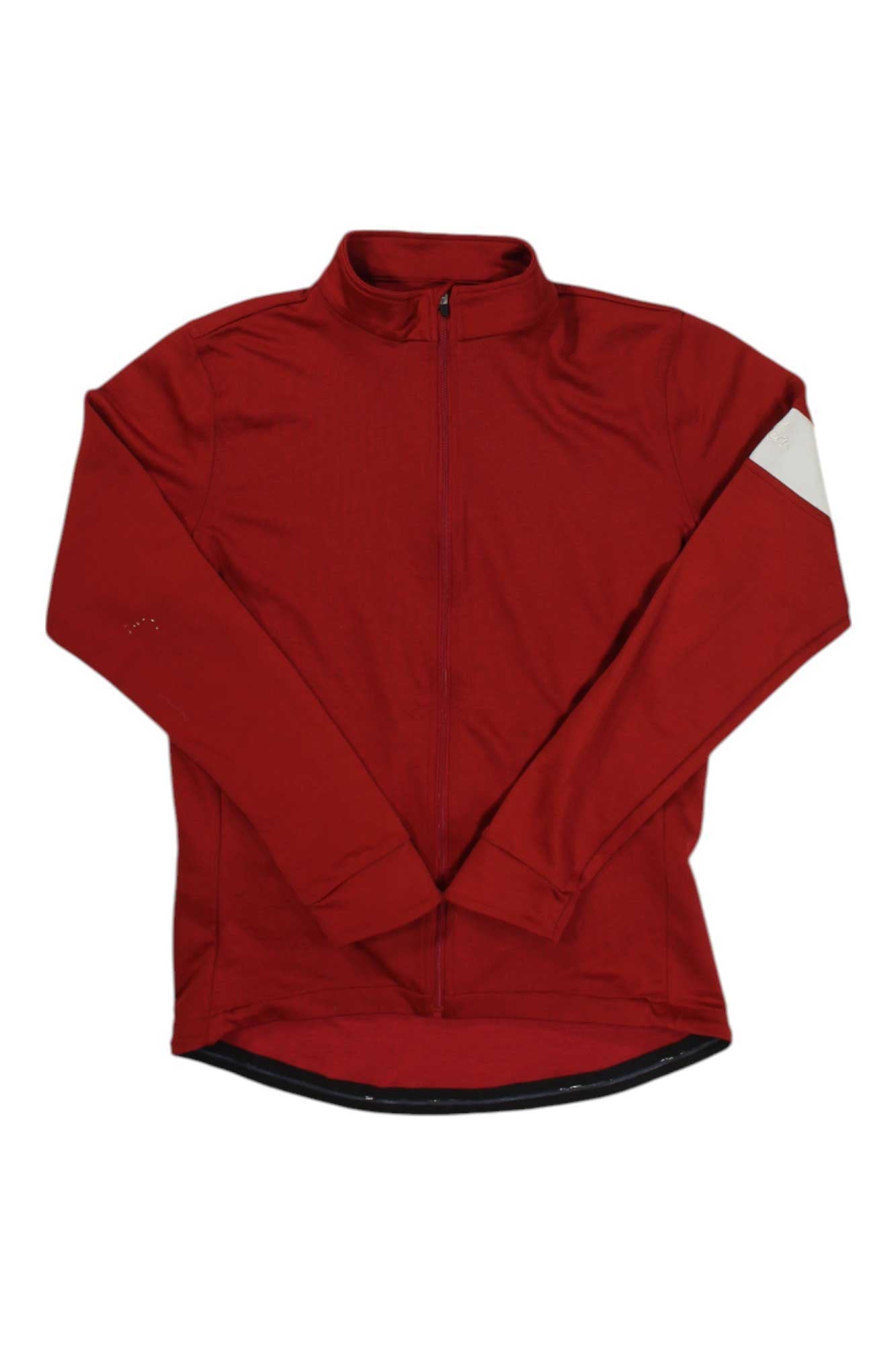 Long-sleeve cycling jersey in deep red, full-zip with stand collar, front view