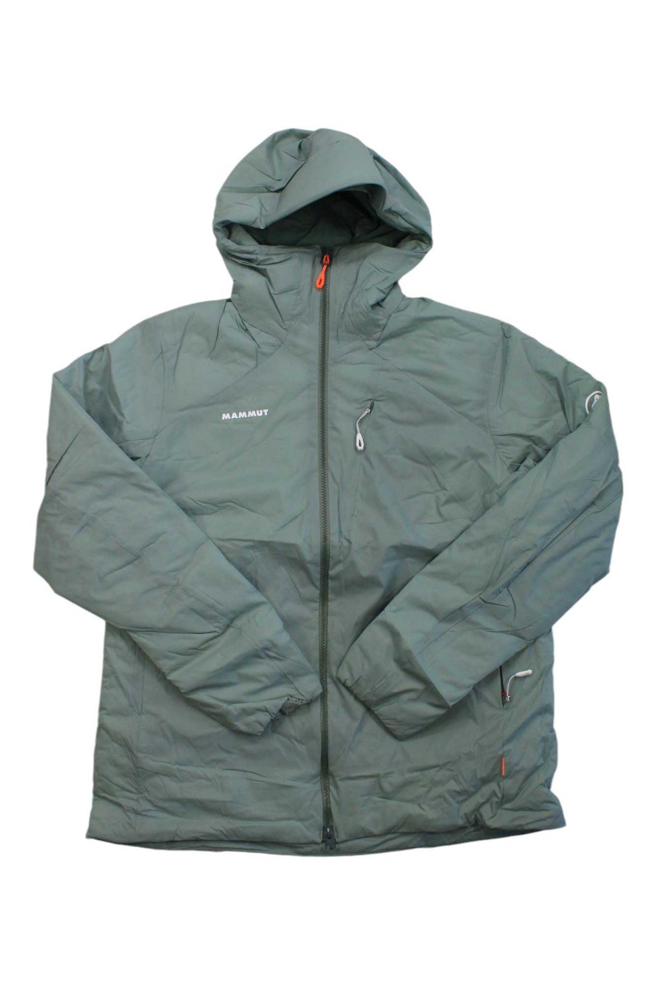 The Mammut Womens Rime IN Flex Hooded Jacket is a green insulated jacket with water repellent finish, helmet compatible hood, front zipper, zippered chest and side pockets, long sleeves, and Mammut logos on the left chest and sleeve.