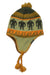 Green knit beanie with earflaps, orange border, elephant silhouettes, top pom and tassels