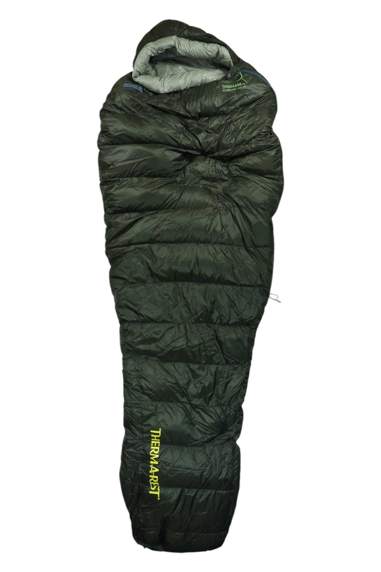 Dark green quilted sleeping bag with hooded top, draft collar, front zipper