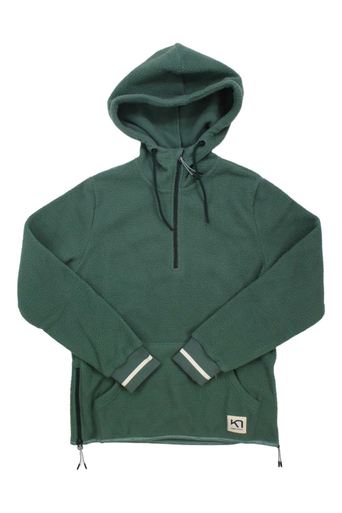 The Kari Traa Women's Rothe Hoodie in forest green features a front pocket, half-zip neckline, adjustable drawstrings, ribbed cuffs with white stripes, and a logo patch for stylish comfort and warmth.