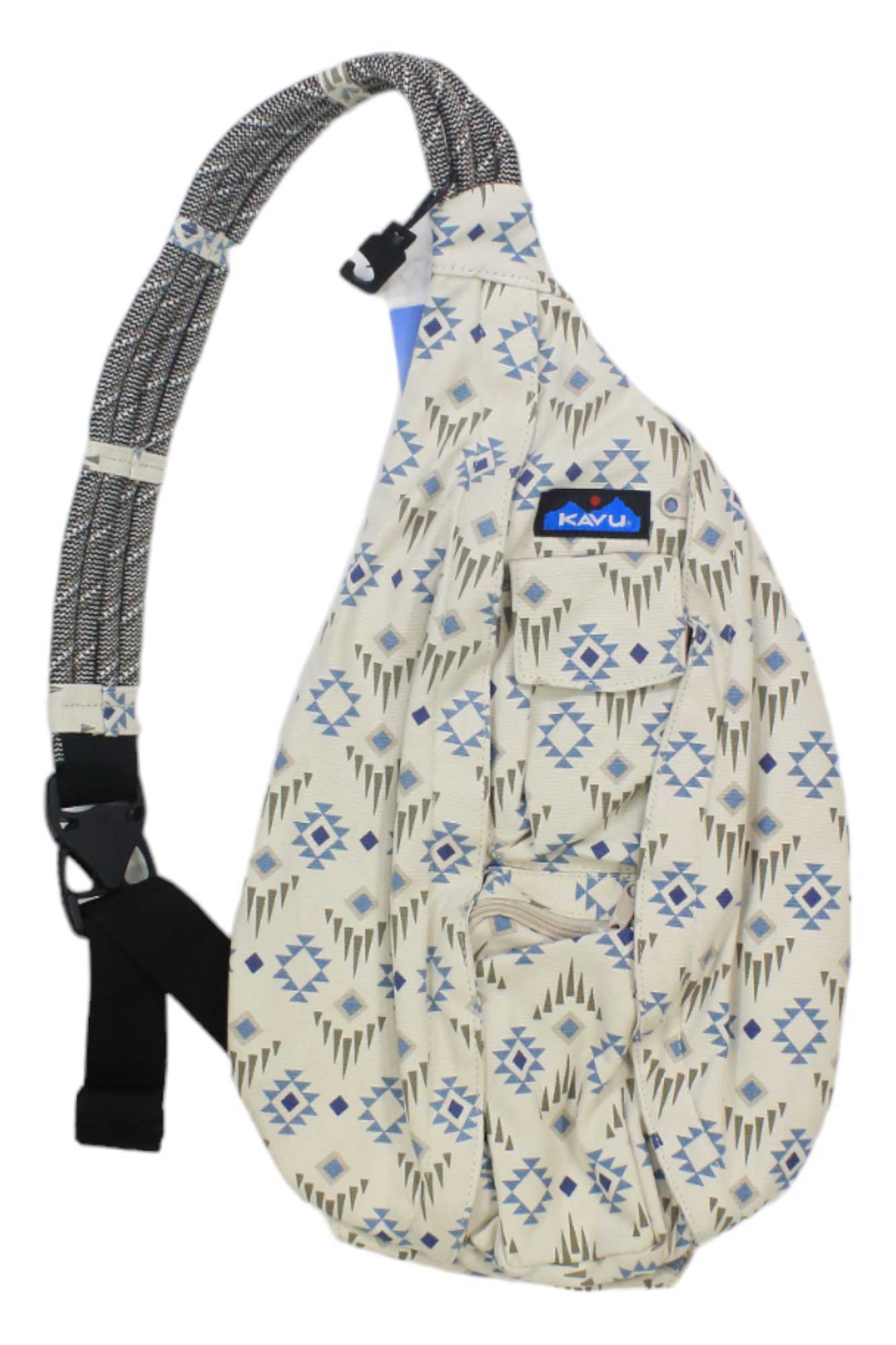 The KAVU Womens Rope Bag features a beige design with a geometric blue and gray pattern, an adjustable rope shoulder strap with woven detail, and a blue KAVU logo patch—ideal as a stylish everyday or travel bag.