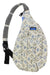The KAVU Womens Rope Bag features a beige design with a geometric blue and gray pattern, an adjustable rope shoulder strap with woven detail, and a blue KAVU logo patch—ideal as a stylish everyday or travel bag.