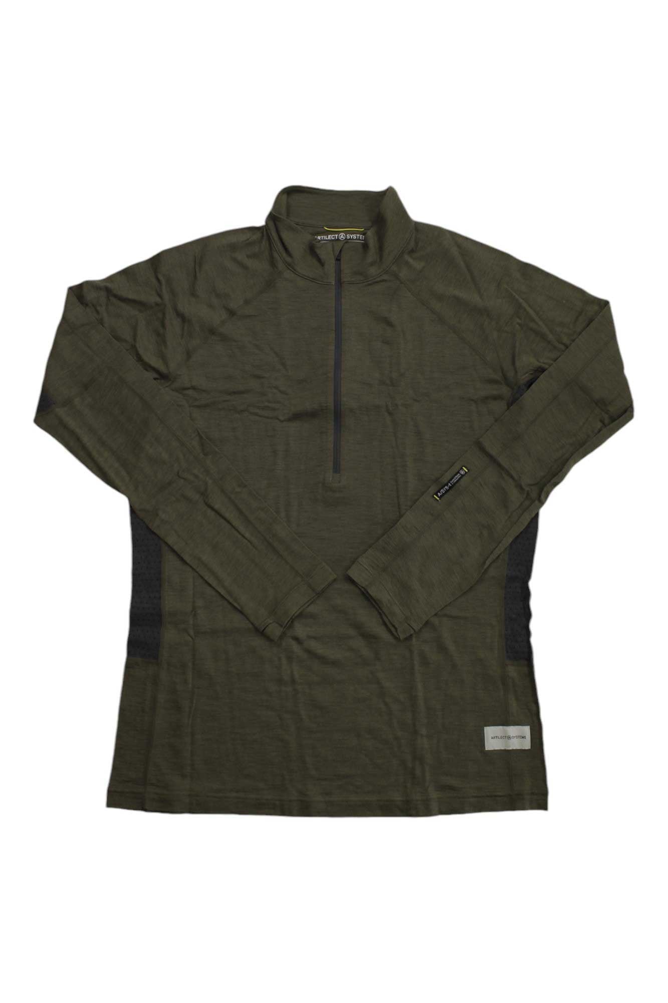 An Artilect Men's Boulder 125 1/4 Zip Top in olive green with long sleeves, black side panels, and a small black zipper is laid flat. A label is on the lower left hem and another tag appears on the left sleeve.
