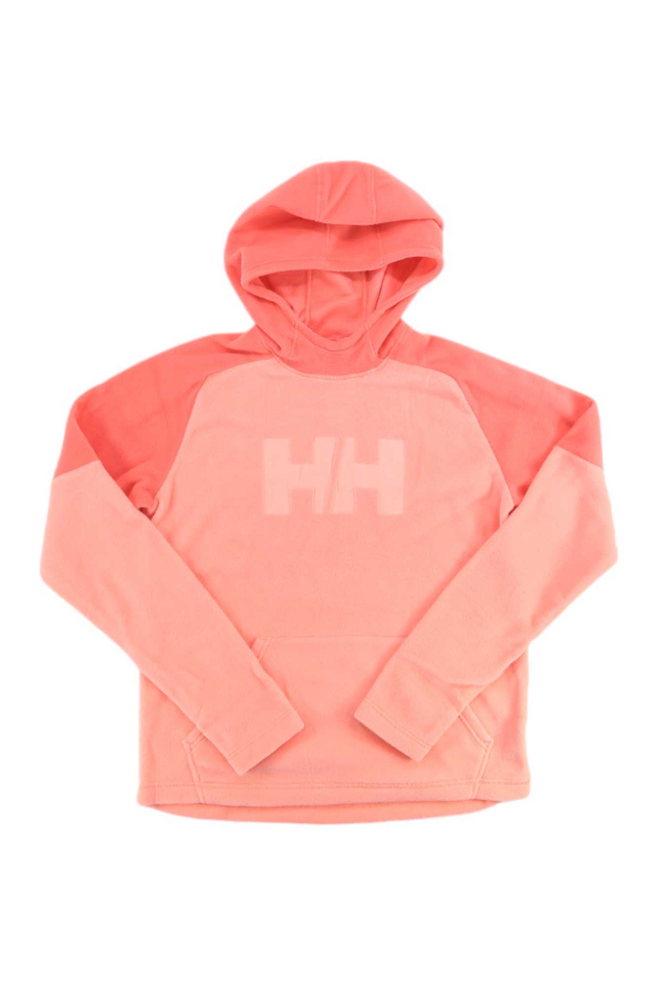 The Helly Hansen Juniors Daybreaker Hoodie is a coral pink, lightweight long-sleeve hoodie with a kangaroo pocket and a subtle HH logo on the chest.
