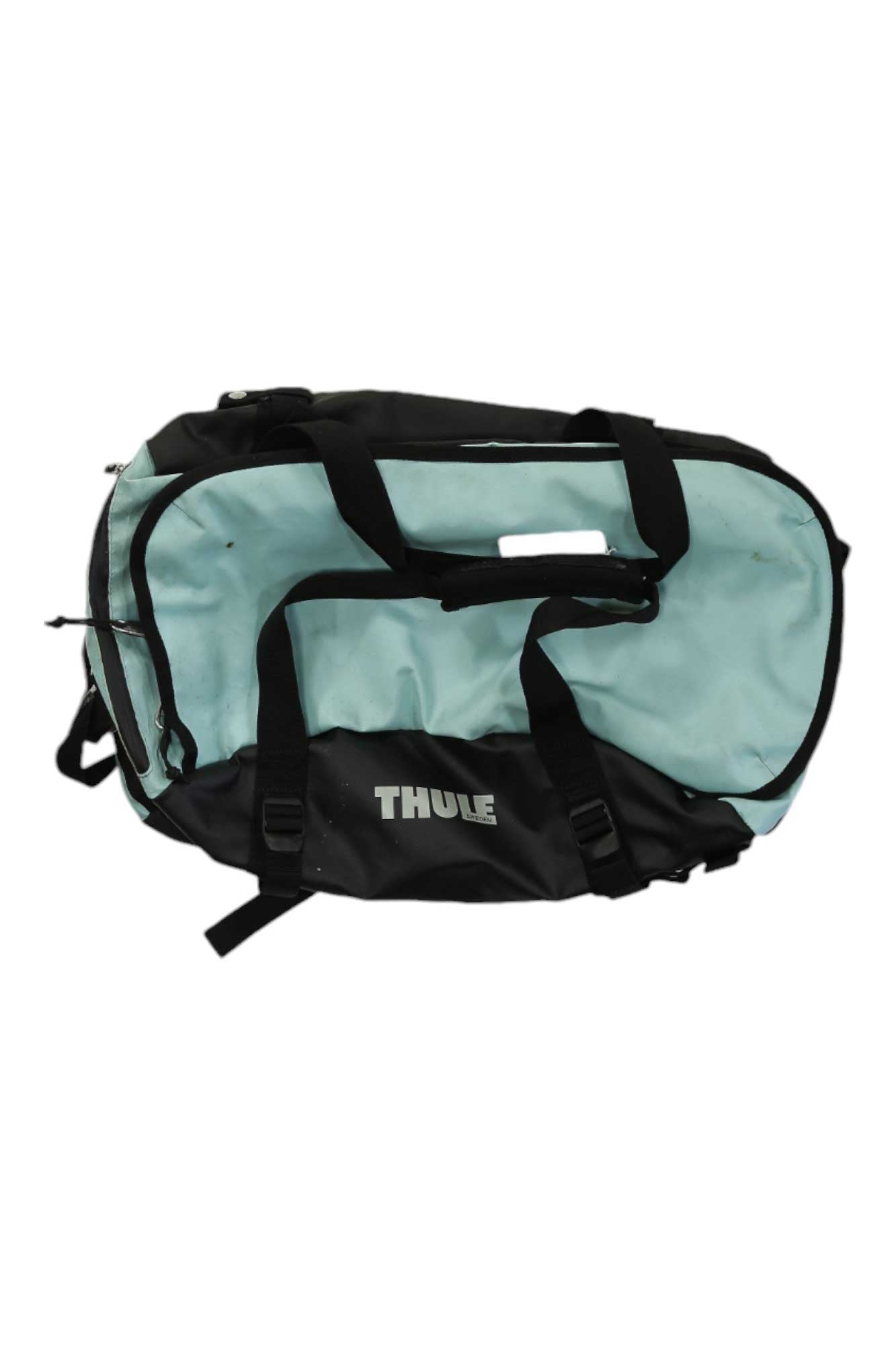 The Thule Chasm 27L Pack features black and light blue panels, black straps, and a white THULE logo on the side. This durable gear pack is shown against a white background.