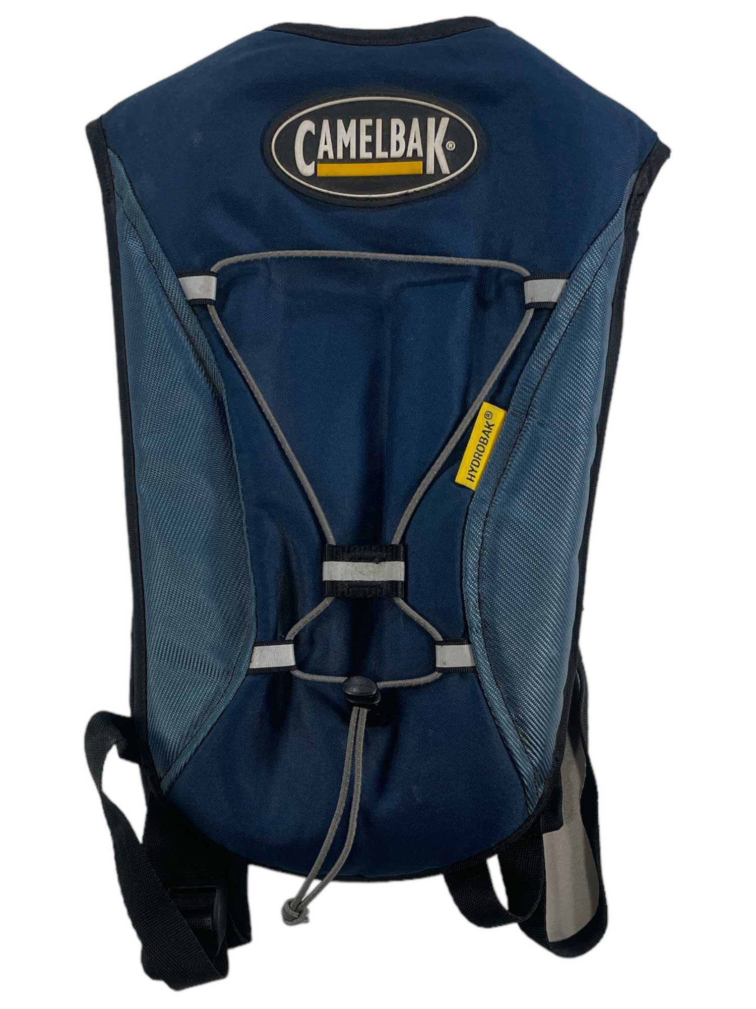 The Hydrobak Hydration Pack by CamelBak is blue and black with adjustable straps, a ventilated harness, a yellow "Hydration" tag, front elastic for helmet carry, and the CamelBak logo near the top.