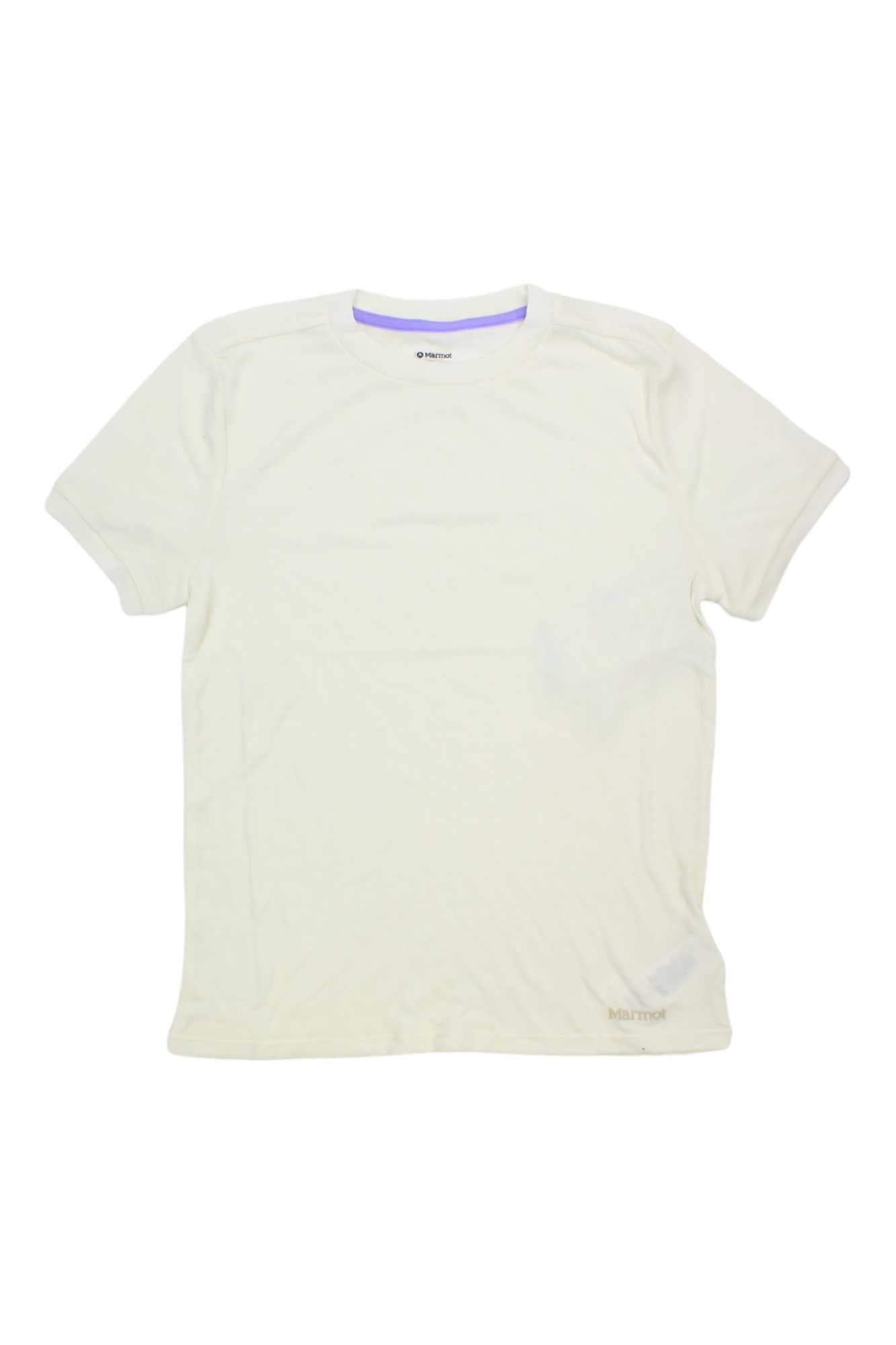 The Womens Switchback Short-Sleeve T-Shirt, in off-white, is laid flat on a white background. It features a crew neck, subtle branding on the lower right, and moisture-wicking fabric for all-day comfort.