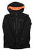 The Helly Hansen Mens Garibaldi Infinity Jacket is a black hooded jacket with a front zipper, two chest pockets, and an orange-lined hood. Subtle branding on the chest and sleeve offers a sleek, stylish finish.