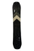 The Arbor Coda Camber Splitboard is black with a wood grain texture, two tan chevrons near the center, a blunt nose and tail, visible mounting holes, and lower branding—perfect for all-mountain backcountry adventures.