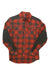 The Norrona Mens Svalbard Flannel Shirt is a long-sleeve, organic cotton hiking shirt with a red and black plaid design and solid dark gray shoulders and sleeves. It features two chest pockets with buttoned flaps.