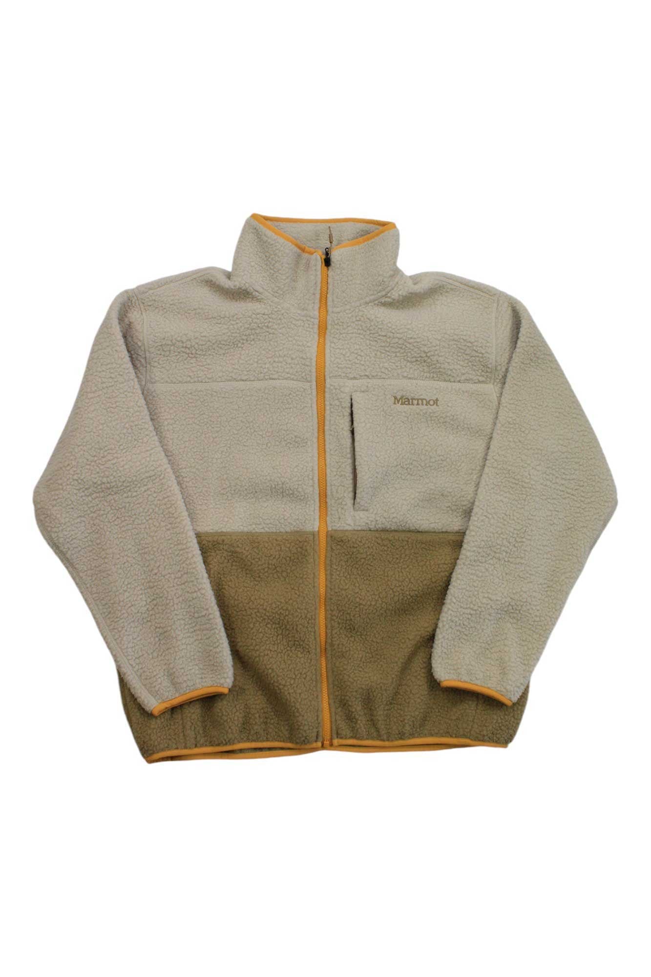 The Marmot Men's Aros Fleece Jacket is crafted from recycled polyester fleece with a light beige upper, darker beige lower half, front zipper, high collar, zippered chest pocket, and Marmot embroidery on the chest.