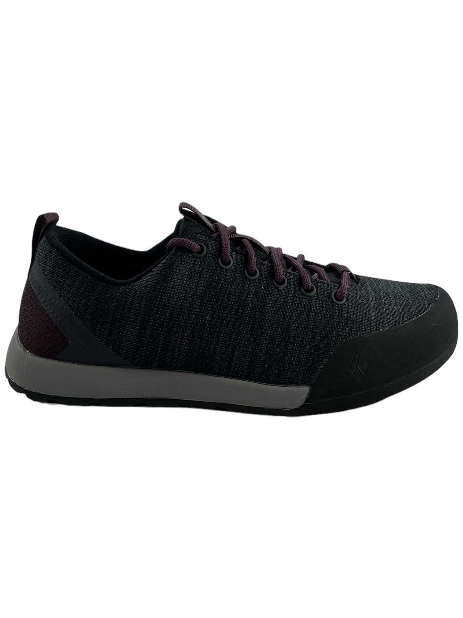 The Black Diamond Womens Circuit Shoe, a low-profile black athletic sneaker with dark burgundy laces and a rubber sole, resembling a women's hiking shoe, is shown from the side on a white background.