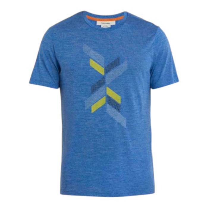 The Icebreaker Mens Merino 125 Cool-Lite Sphere II Levels SS Tee is a blue, short-sleeve crew neck merino wool t-shirt with a geometric front pattern in gray, yellow, and various blue shades. Moisture wicking for all-day comfort.