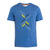 The Icebreaker Mens Merino 125 Cool-Lite Sphere II Levels SS Tee is a blue, short-sleeve crew neck merino wool t-shirt with a geometric front pattern in gray, yellow, and various blue shades. Moisture wicking for all-day comfort.