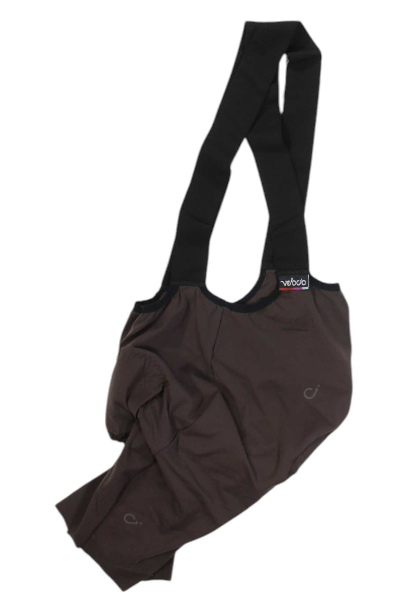 Dark brown cycling bib shorts with black straps and padded seat