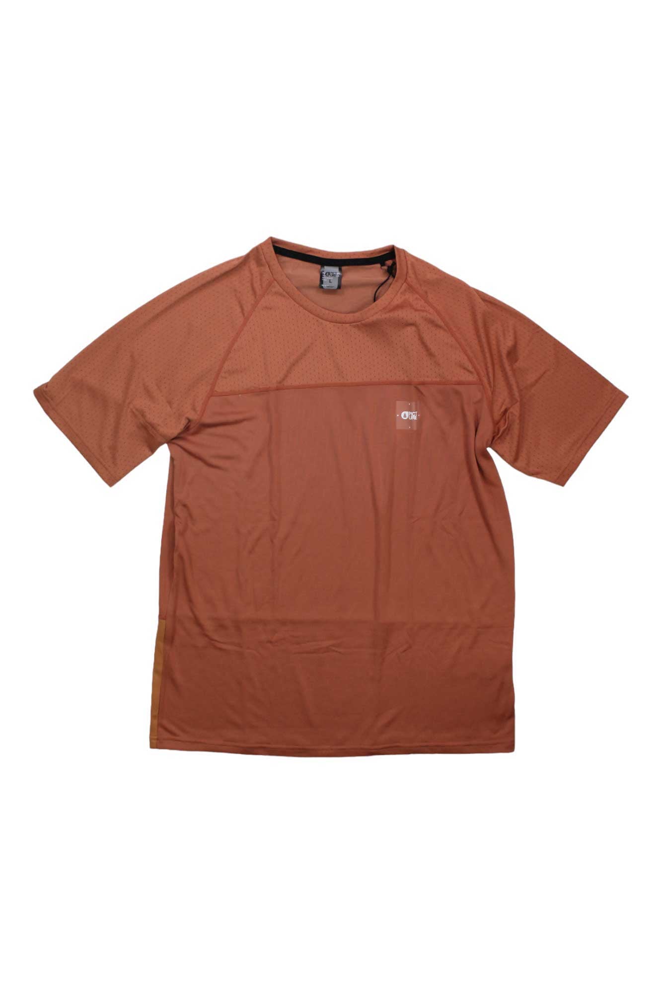 The Picture Men's Chardo Tech Tee is a rust-colored, short-sleeve athletic T-shirt with a crew neck and small white logo on the left chest. Lightweight, moisture-wicking fabric keeps you cool and comfy for hiking or daily wear.