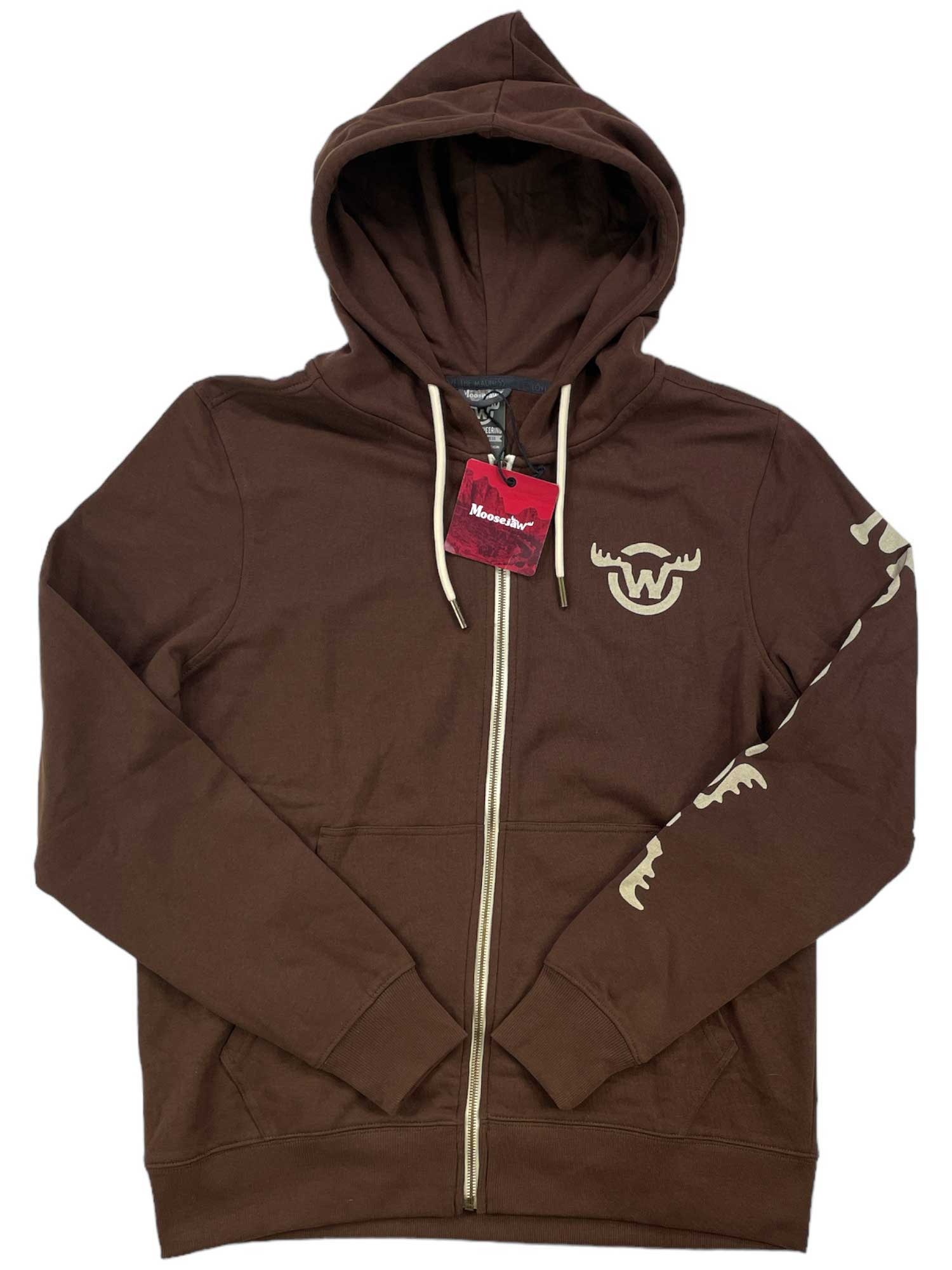 The Moosejaw Mens Original Sleeve Zip Hoody in brown features recycled polyester fleece and organic cotton, a beige moose antler logo on the chest and sleeve, a red zipper tag, hooded design, and is laid flat on a white background.