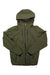 The Backcountry Cottonwoods Jacket, a weather-resistant men's shell in olive green with a hood, front zipper, two vertical chest pockets, and a left sleeve logo patch, is displayed flat on a white background.