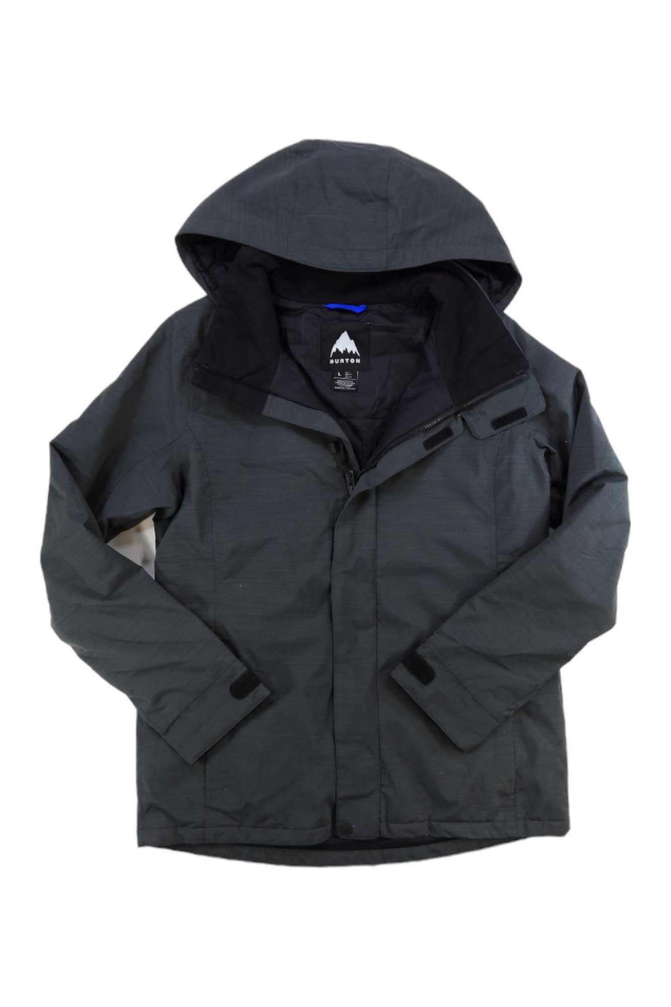 The Burton Womens Jet Set Jacket is a dark gray, hooded snowsports jacket with a front zipper, button closures, and adjustable cuffs, made from recycled materials and shown on a white background.