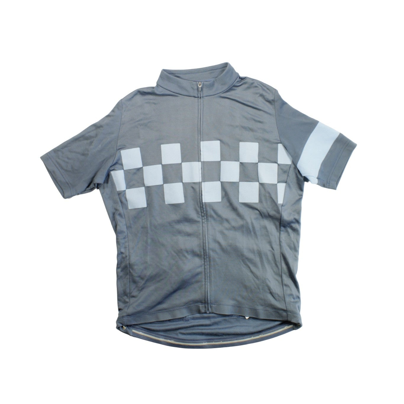 The Rapha Classic Check Jersey is a short-sleeve, gray cycling jersey with a front zipper and light gray checkerboard pattern across the chest, plus a light gray stripe on one sleeve. It is displayed flat on a white background.