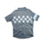 The Rapha Classic Check Jersey is a short-sleeve, gray cycling jersey with a front zipper and light gray checkerboard pattern across the chest, plus a light gray stripe on one sleeve. It is displayed flat on a white background.