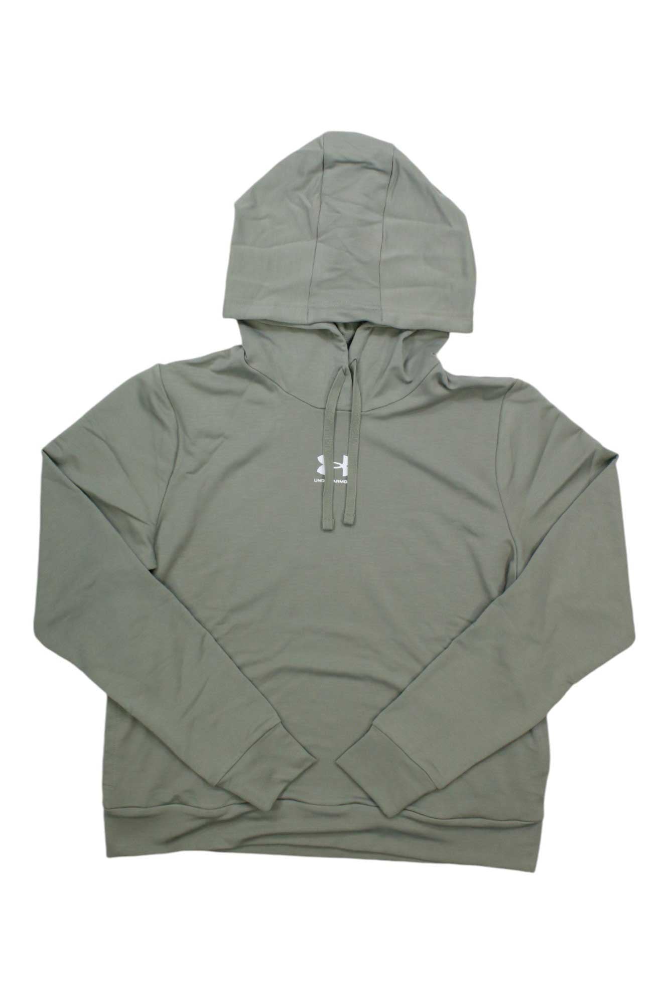 The Under Armour Womens Rival Terry Hoodie is a plain, long-sleeve olive green hoodie with a drawstring hood, small white chest logo, 4-way stretch for comfort, and is pictured laid flat on a white background.