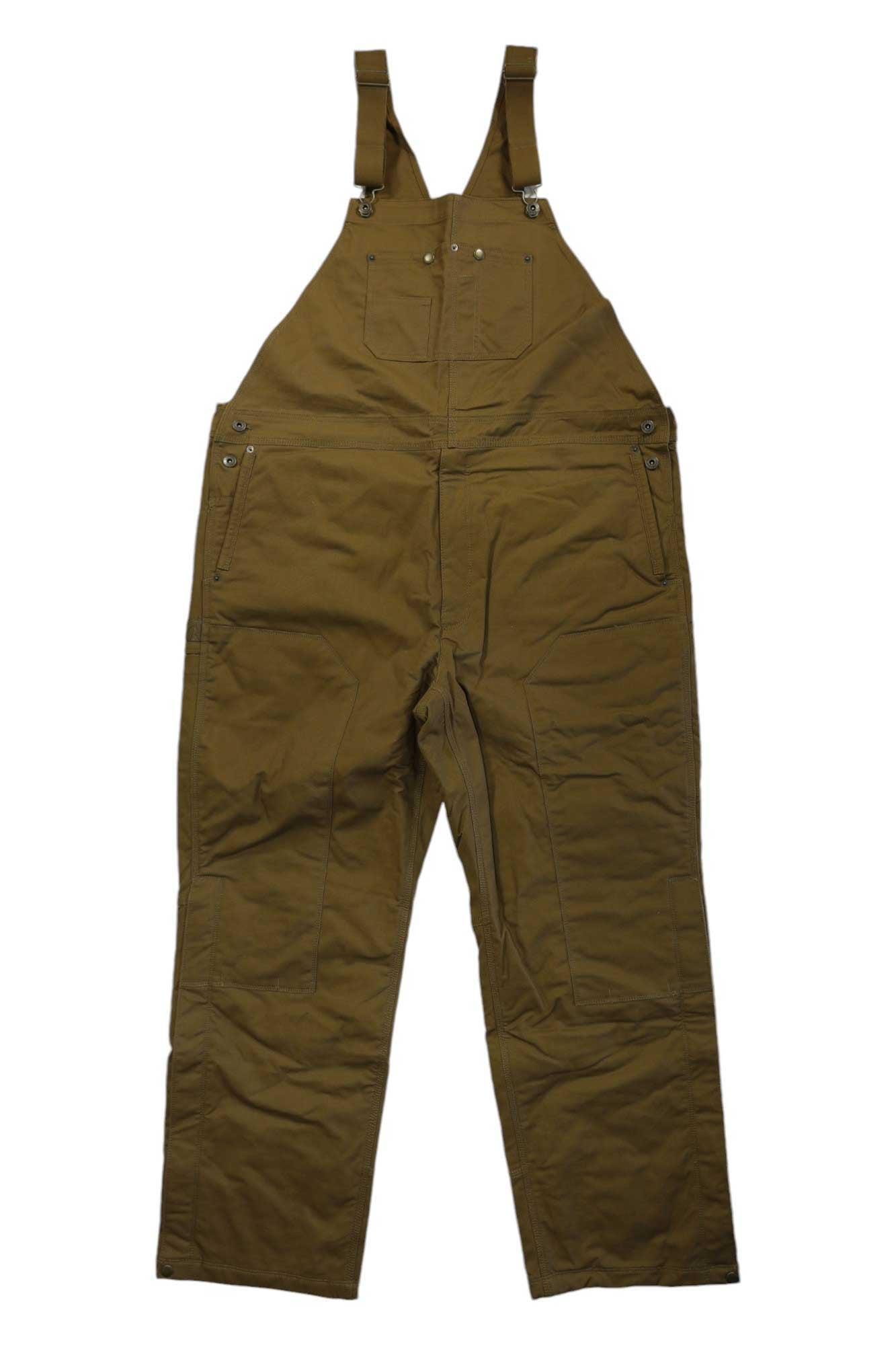 Eddie Bauer First Ascent Men's Impact Insulated Overall, shown flat, features adjustable buckle straps, a chest pocket, side pockets, reinforced stitching, and a durable water-repellent finish—ideal for outdoor work.