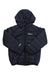 The Jack Wolfskin Kids' Zenon Jacket is a dark blue, lightweight insulated jacket with a hood, full front zipper, long sleeves, visible stitching patterns, and a small logo with text on the left chest.