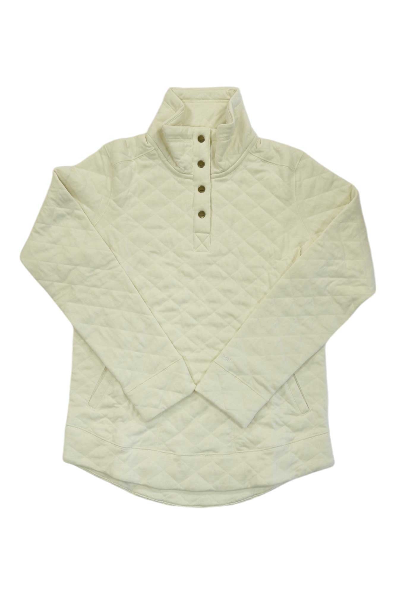 The Marmot Womens Roice Long Sleeve Pullover is a cream, quilted top with a high collar, five-button front, diamond pattern, and curved hem. Quick-drying fabric makes it ideal as a hiking shirt or stylish everyday layer.