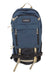The Dakine Syncline 12L Hydration Pack features blue fabric with black and tan accents, multiple zippered pockets, tan adjustable straps, and a black front buckle—ideal for mountain biking. Shown against a white background.