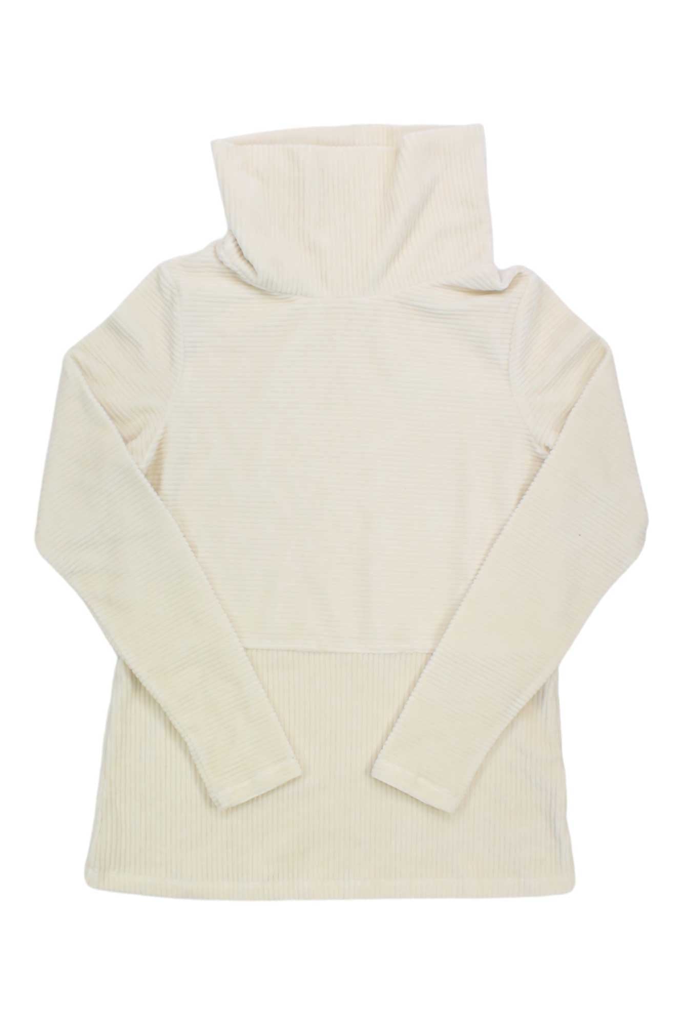 The Carve Designs Womens Collette Tunic is a light beige, ribbed, long sleeve turtleneck sweater for women with moisture-wicking fabric, shown laid flat on a white background.
