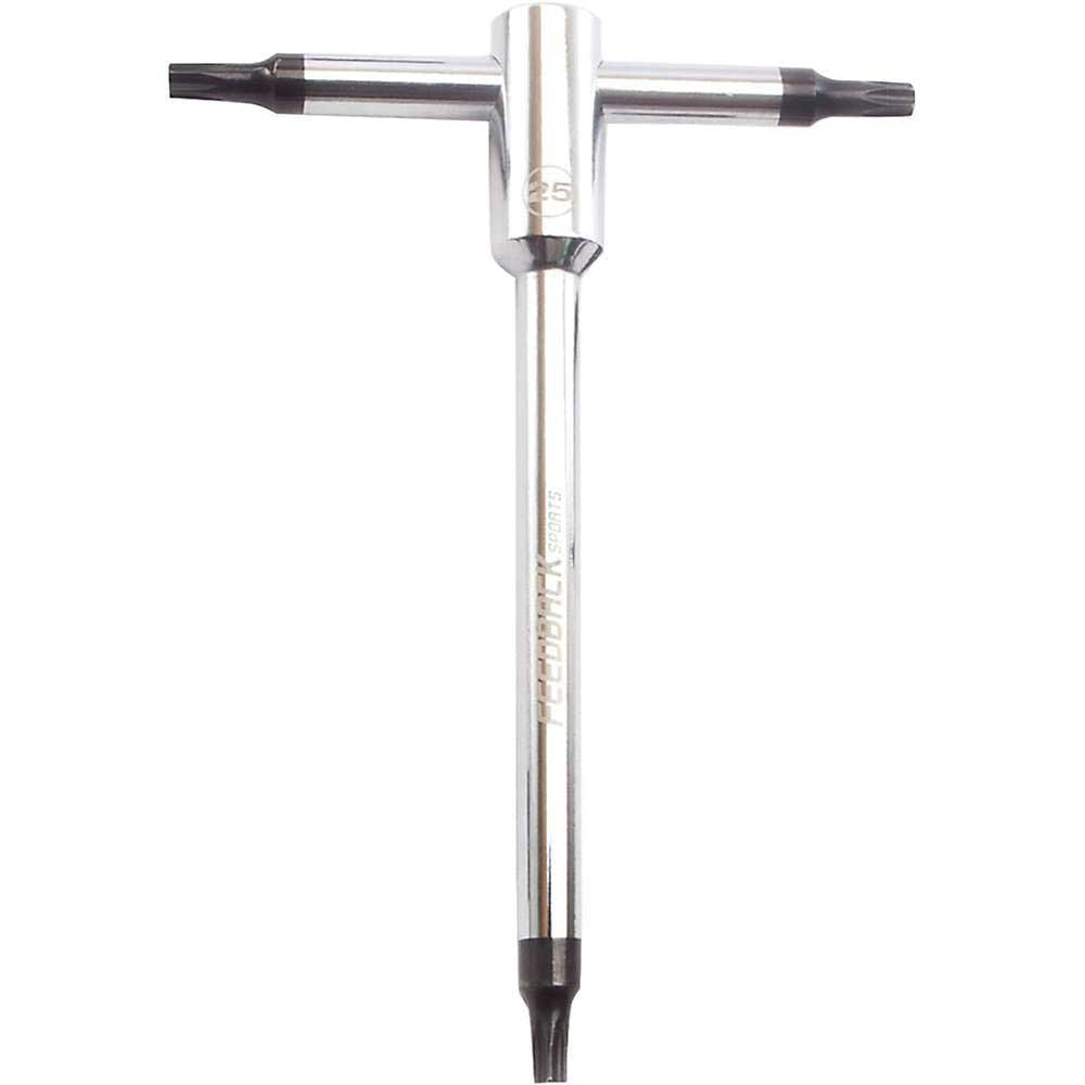 The Feedback Sports T Handle Tool features a shiny silver finish with three hexagonal ends, ideal for bike maintenance. Its central handle ensures an easy grip and leverage, while the FEEDBACK brand is visible on the shaft.