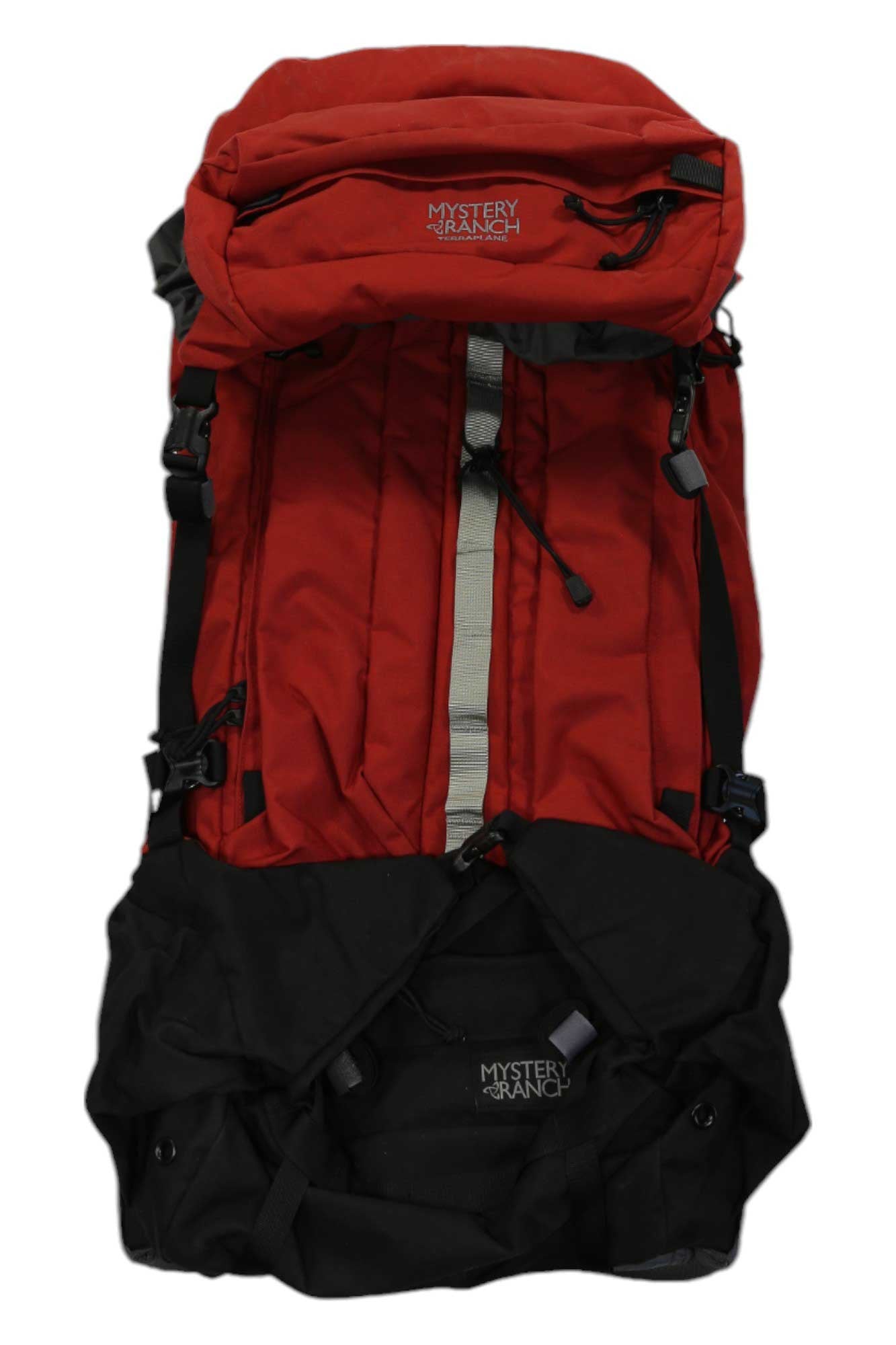 Mystery Ranch Terraplane 83L backpack in cherry-red and black, front zip panel, compression straps.