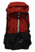 Mystery Ranch Terraplane 83L backpack in cherry-red and black, front zip panel, compression straps.