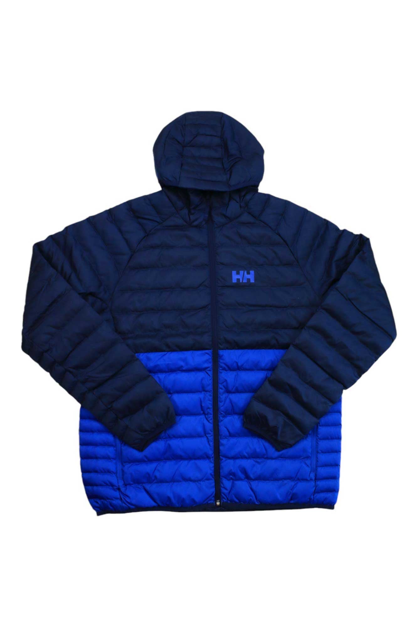 The Helly Hansen Men's Banff Insulator Hooded jacket has synthetic insulation, a packable hood, dark blue sleeves and upper body, bright blue lower body and pockets, a front zipper, and an HH logo on the upper left chest.