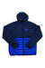 The Helly Hansen Men's Banff Insulator Hooded jacket has synthetic insulation, a packable hood, dark blue sleeves and upper body, bright blue lower body and pockets, a front zipper, and an HH logo on the upper left chest.