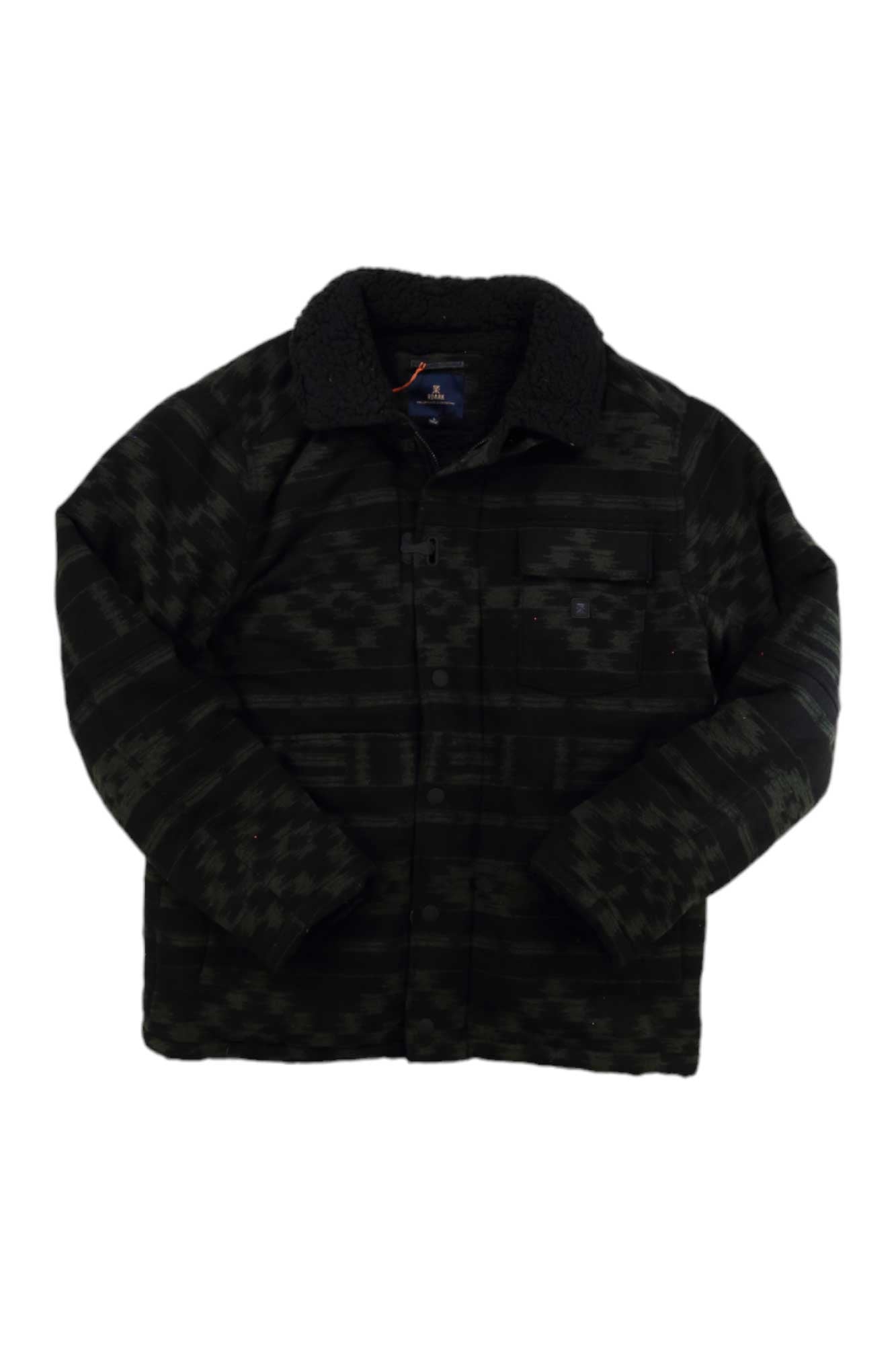 The Roark Mens Axeman Jacket is a dark, patterned insulated jacket for men with a black sherpa collar, button-up front, and chest pocket, shown on a white background.