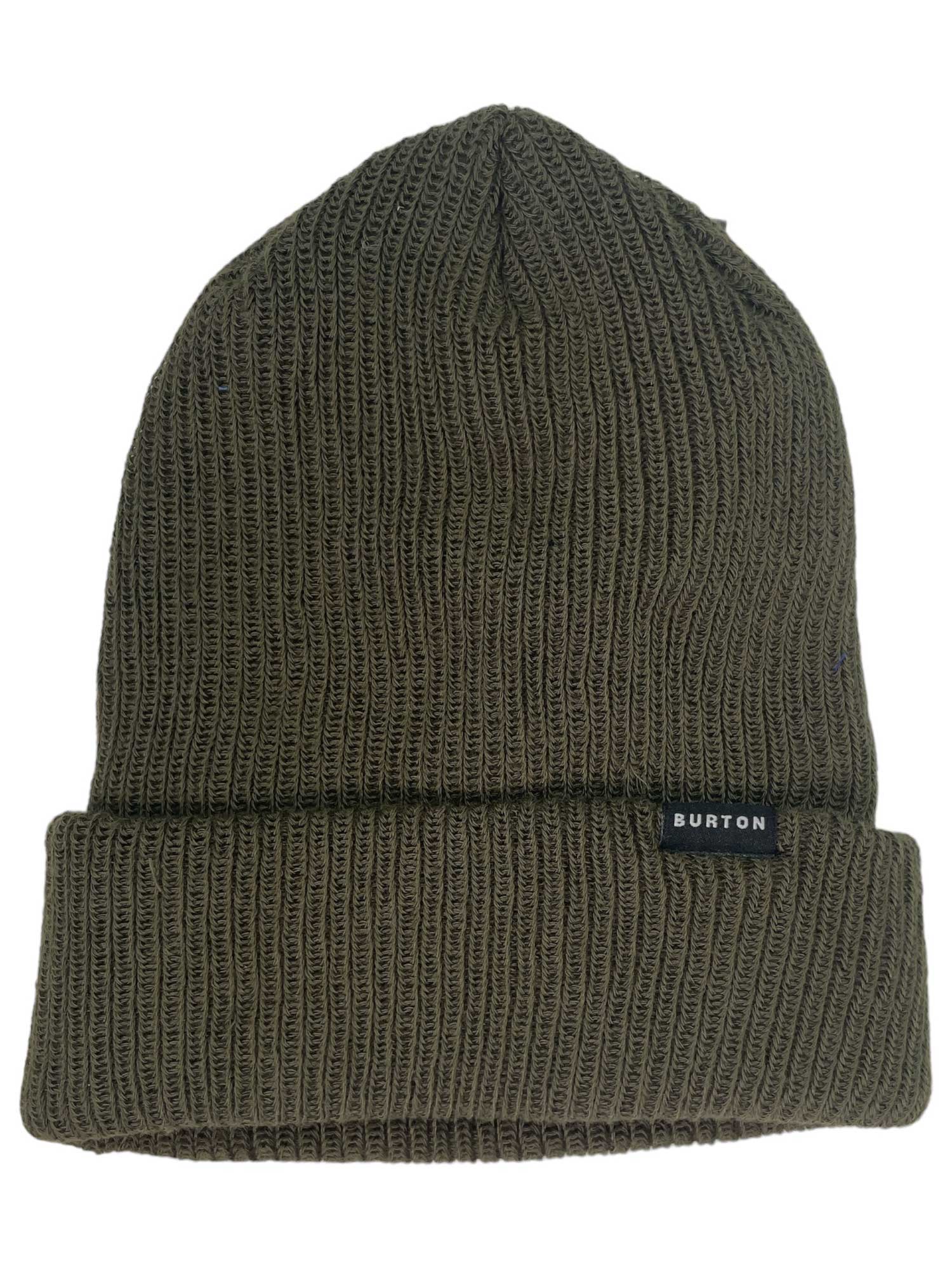 The Burton Recycled All Day Long Beanie is an olive green, ribbed knit hat made from recycled materials, with a folded cuff and a small black BURTON tag—offering eco-friendly style and warmth for winter.
