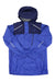 Kids color-block rain jacket, navy hood, front zip, reflective stripes, storm cuffs
