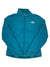 A teal Women's Apex Bionic Soft-Shell Jacket by The North Face, featuring a front zipper, high collar, zippered chest pocket, and white logo on the left chest, is laid flat on a white background.