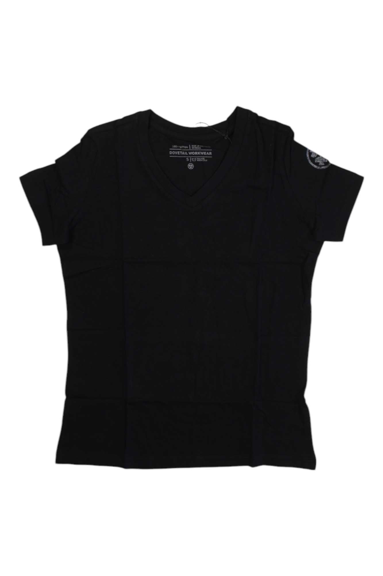 The Dovetail Womens Solid V-Neck Tee in plain black is laid flat, showing a small circular logo on the left sleeve and a visible neck tag. Made from lightweight, breathable fabric, it's ideal for casual hikes or everyday wear.